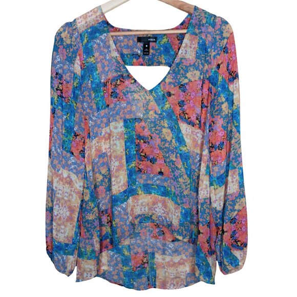 Aqua Sheer Patchwork Print Hi Low Sheer Long Sleeve Blouse Medium - Picture 1 of 5